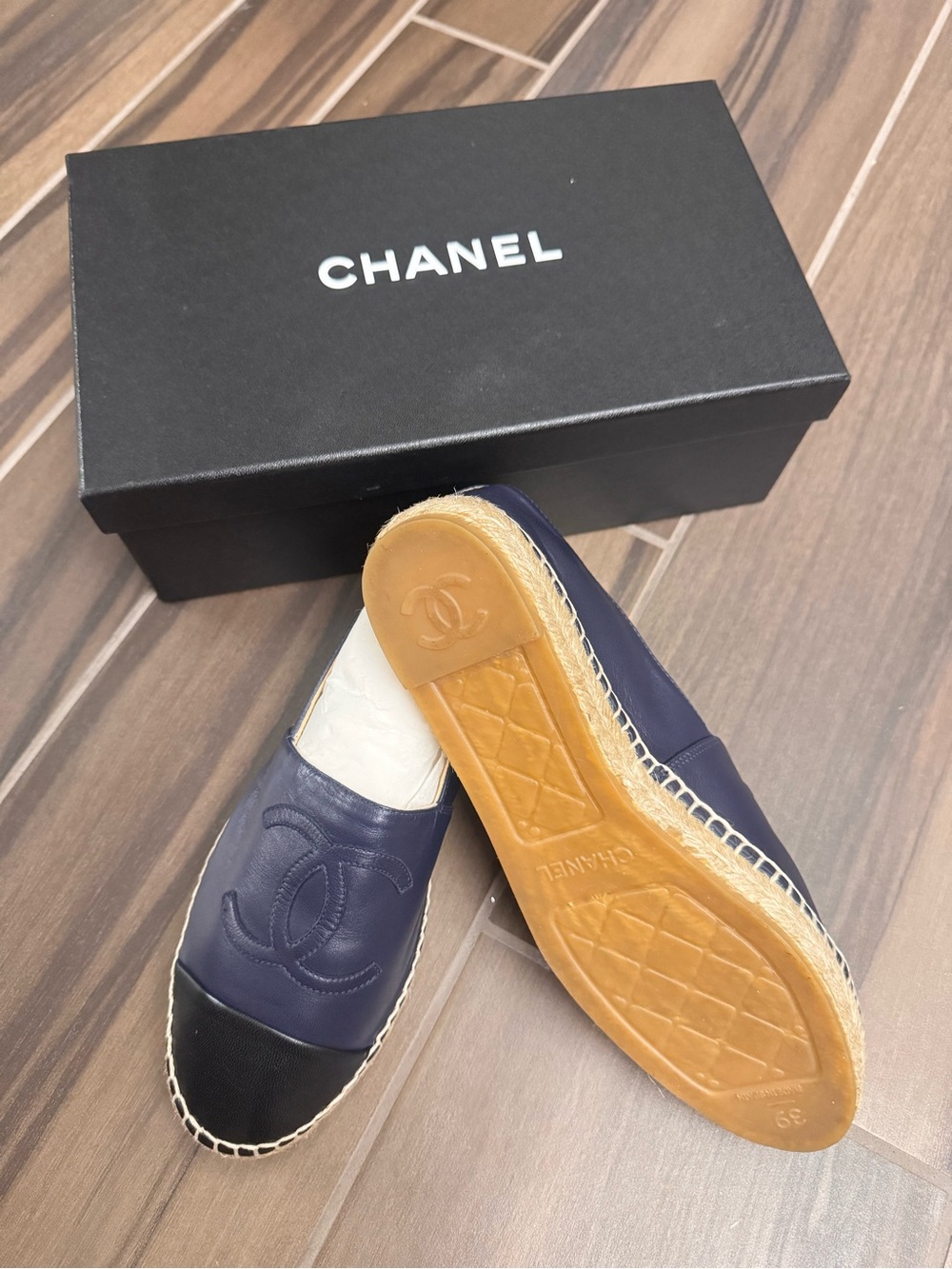 CHANEL Navy, Black and White Leather Espadrilles